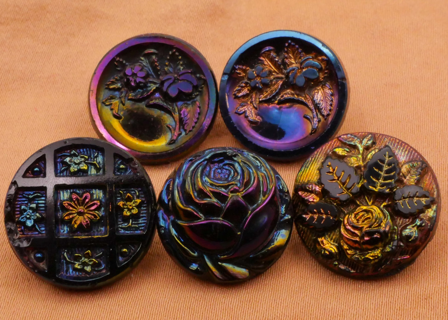Flower Floral Rainbow Iridescent Luster Black Glass Button Various 17-18mm