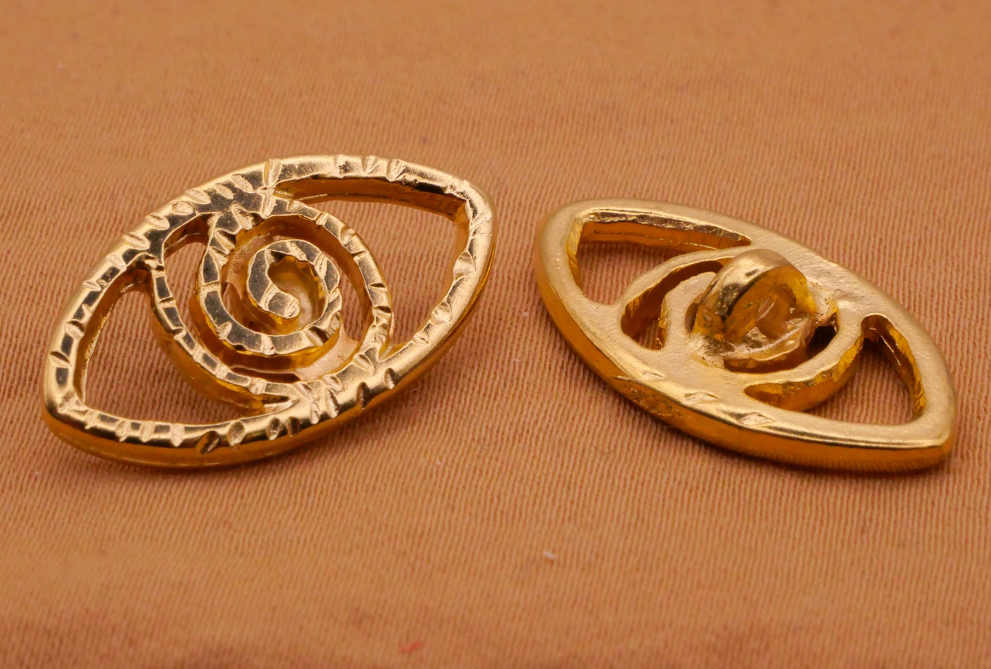 Hypnotized Spiral Eye Gold Metal Pair of Buttons 13x24mm