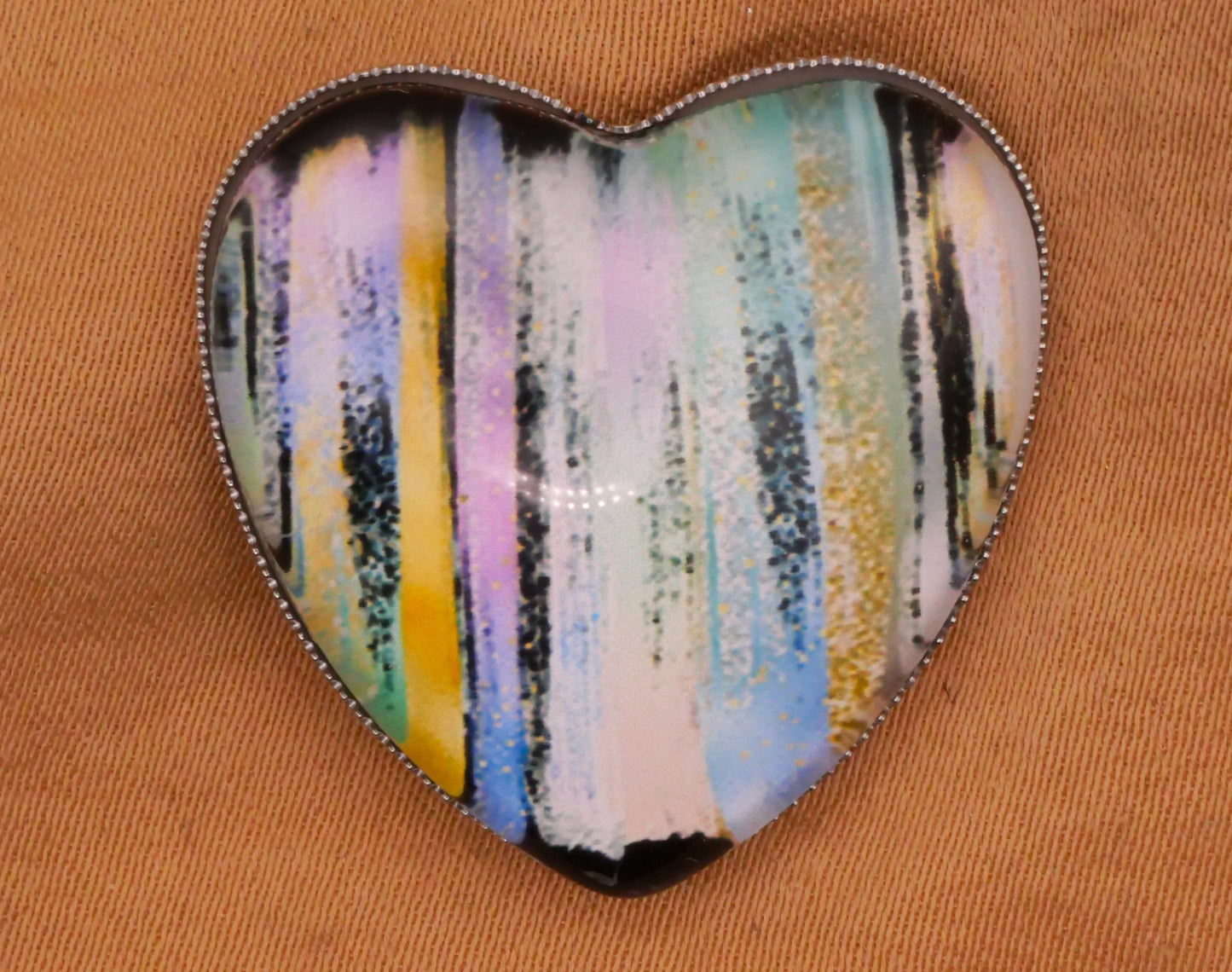 Heart Pastel Painterly Stripes Glass Silver Metal Button 25x27mm