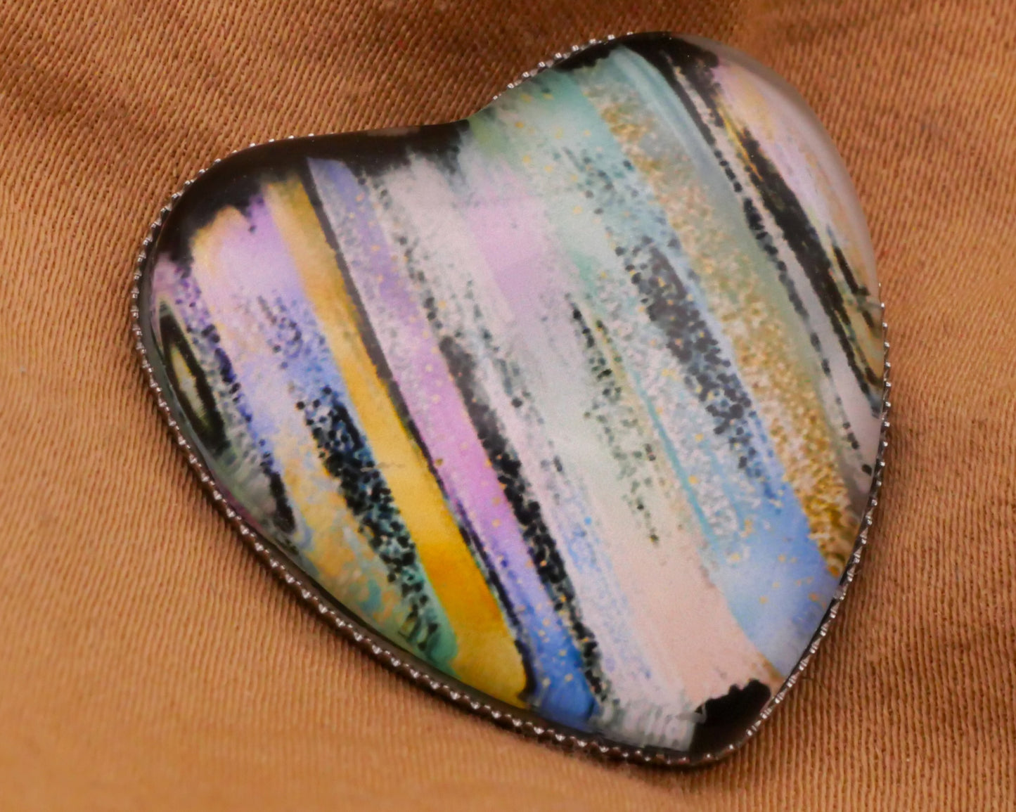 Heart Pastel Painterly Stripes Glass Silver Metal Button 25x27mm