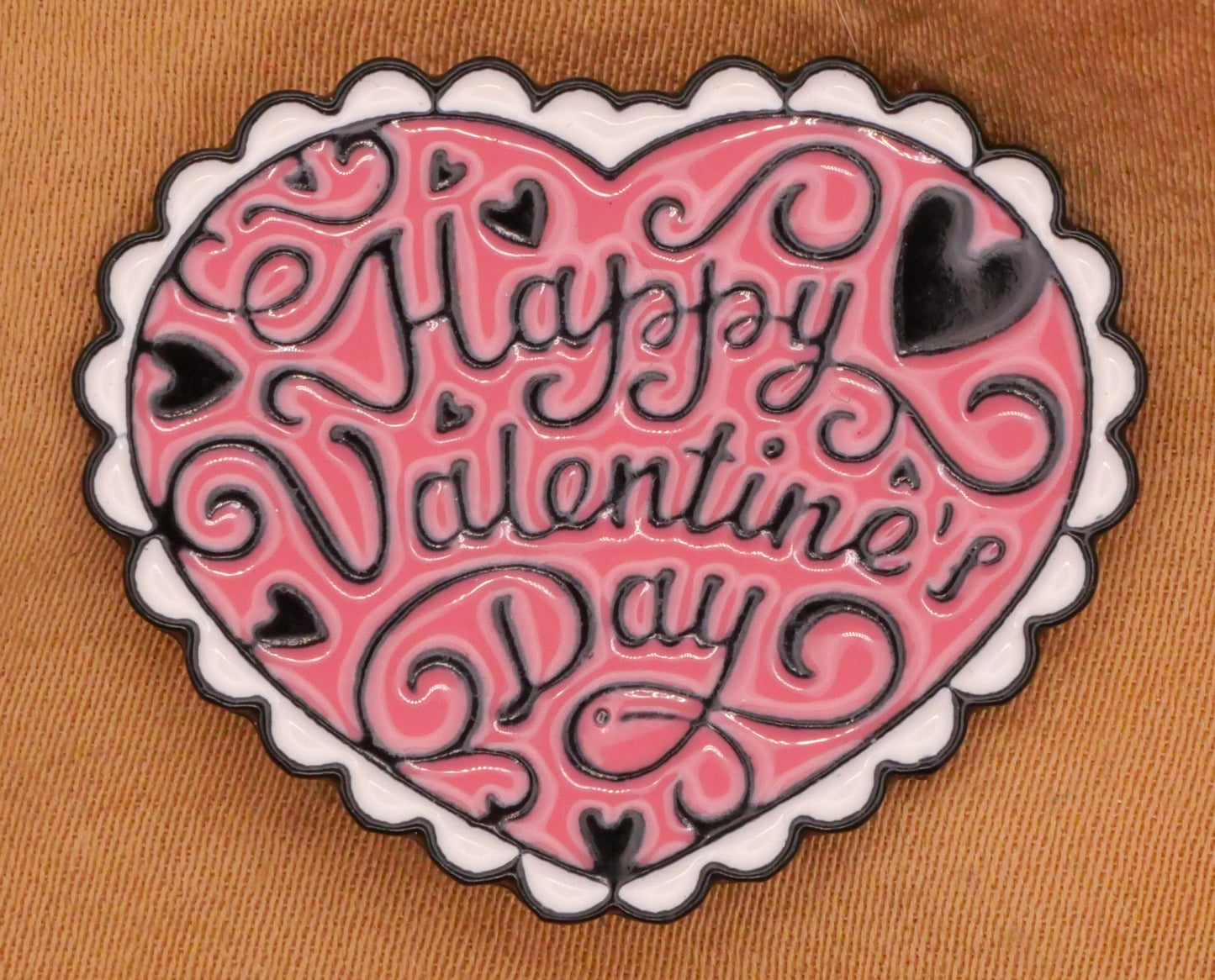 Happy Valentine's Day Lacy Pink Heart Verbal Enamel Metal Button 25x30mm