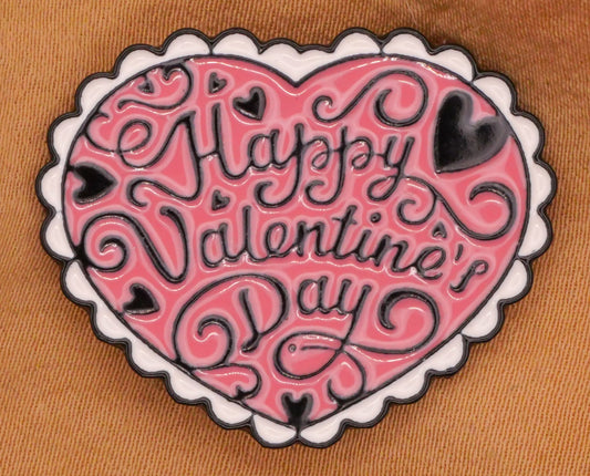 Happy Valentine's Day Lacy Pink Heart Verbal Enamel Metal Button 25x30mm