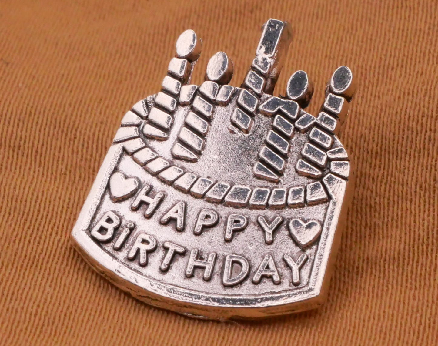 Happy Birthday Cake Candles Verbal Silver Metal Button 15x19mm
