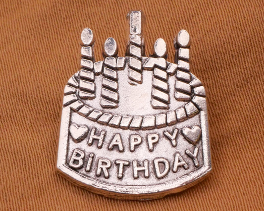 Happy Birthday Cake Candles Verbal Silver Metal Button 15x19mm