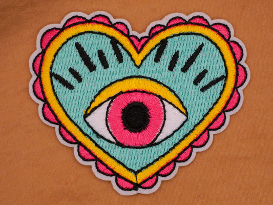 Eye Heart Teal Pink Embroidered Iron On Patch Embellishment 60x70mm