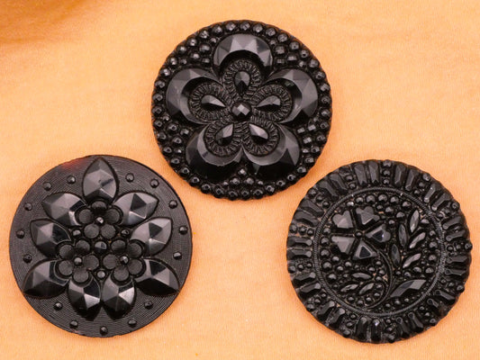 Flower Floral Design Steel Cut Look Black Glass Large Button Various 32mm