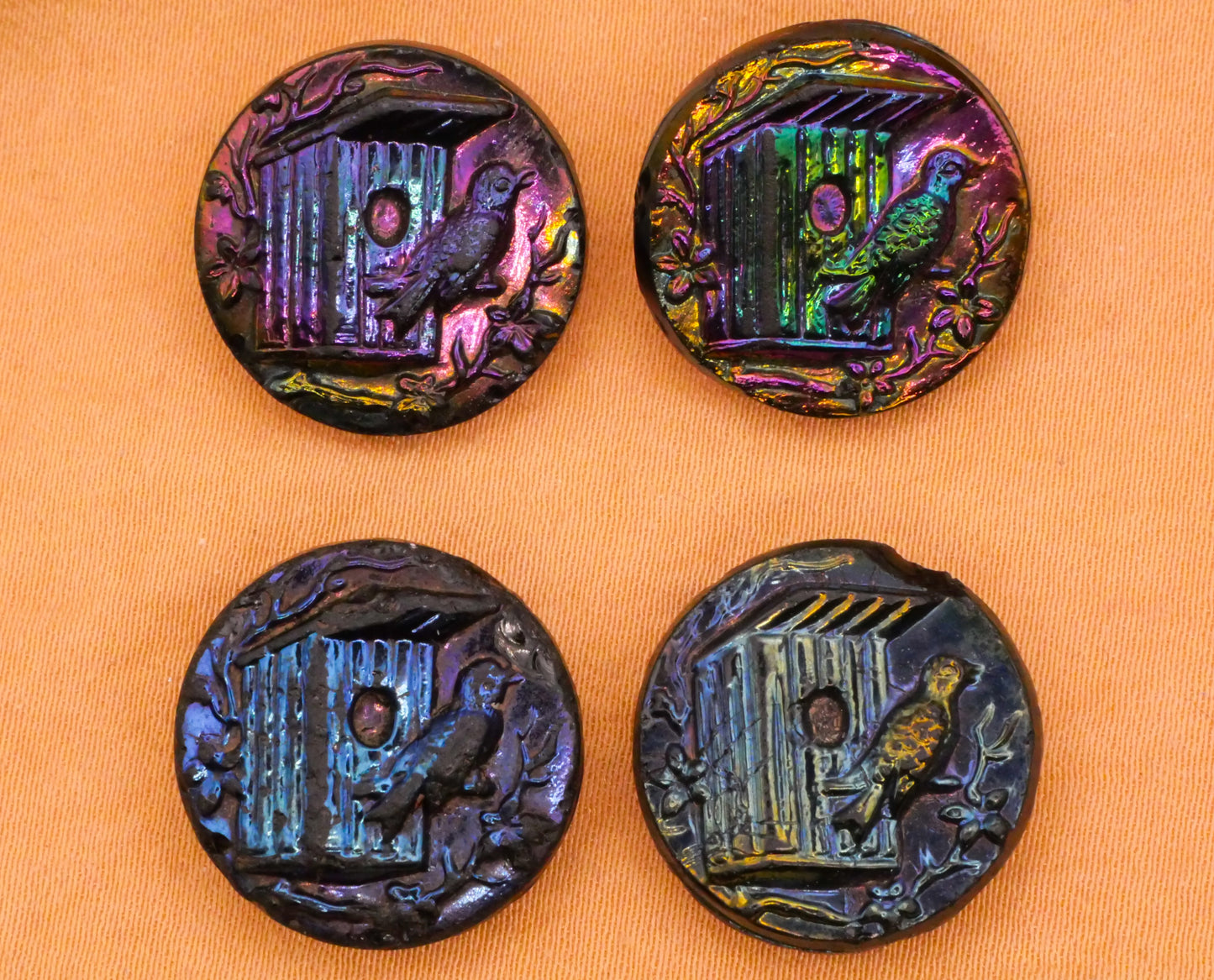 Bird Birdhouse Rainbow Iridescent Luster Black Glass Button Various 18mm