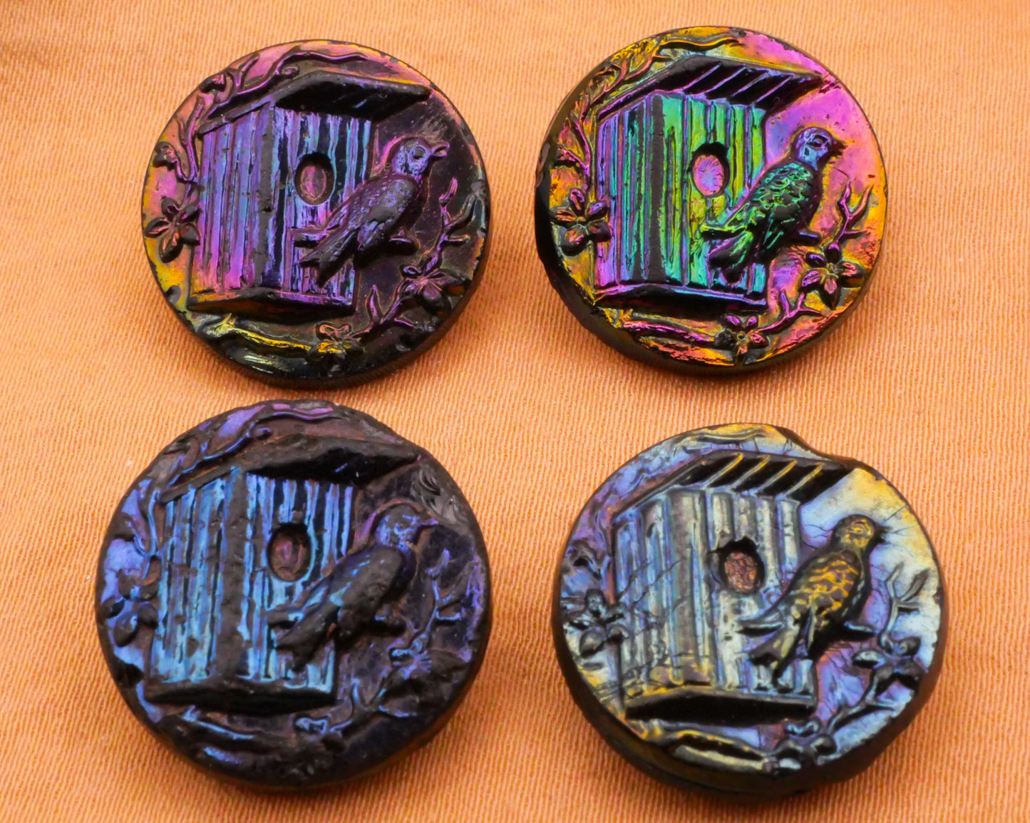 Bird Birdhouse Rainbow Iridescent Luster Black Glass Button Various 18mm