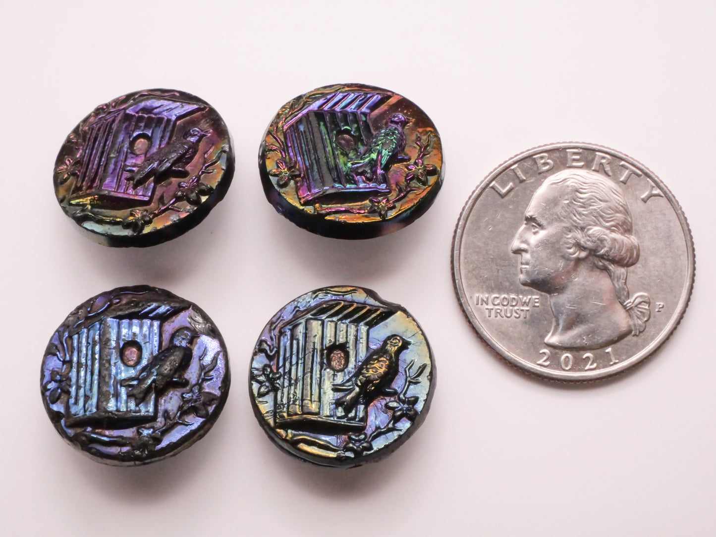 Bird Birdhouse Rainbow Iridescent Luster Black Glass Button Various 18mm