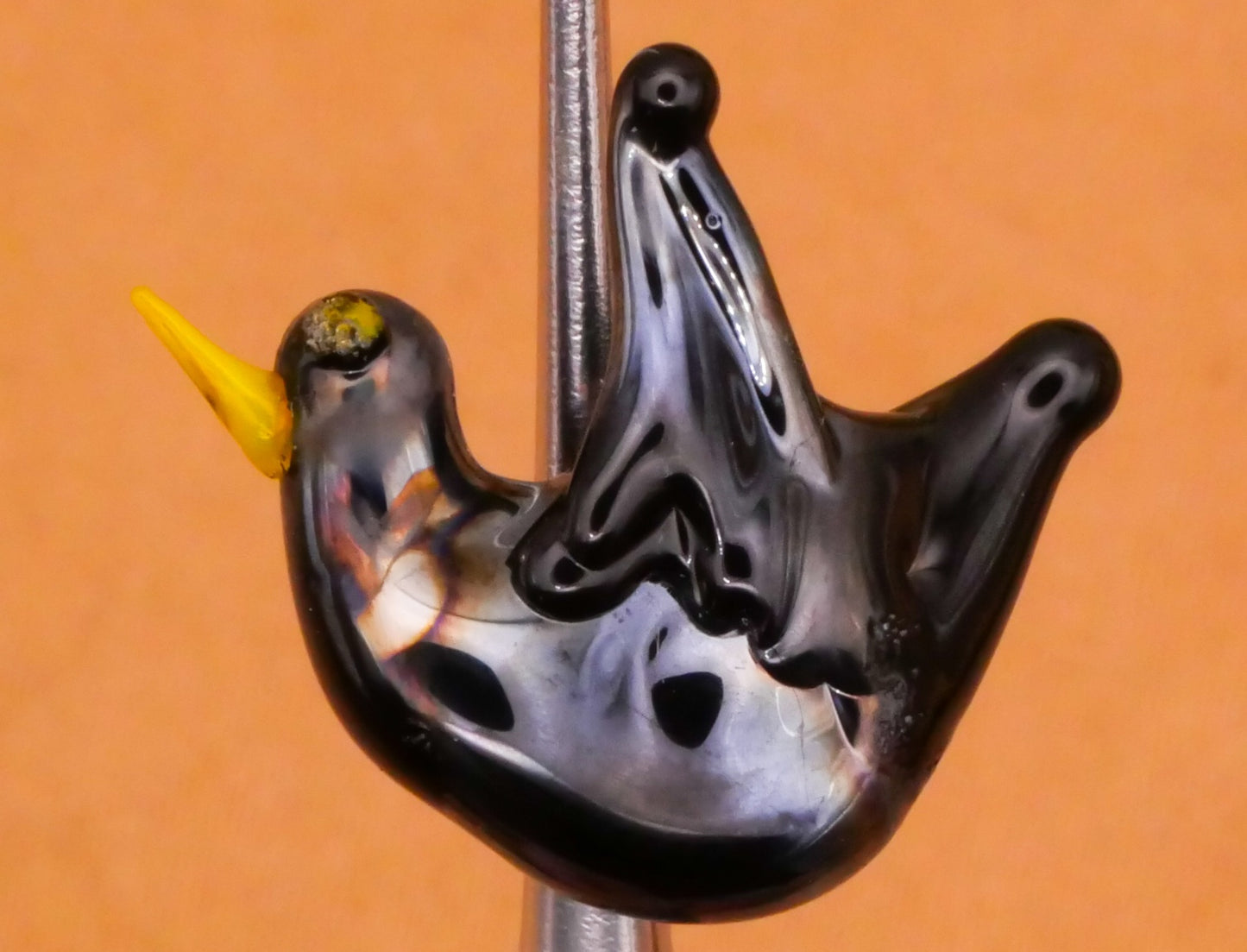 Bird Iridescent Black Lampwork Glass Button 17x20mm