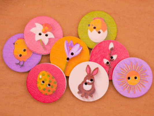Easter Spring Wood Assorted Set of Eight Buttons 25mm