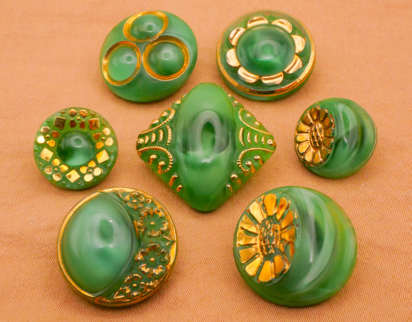 Green Moonglow Gold Accent Vintage Glass Button Various 14-23mm