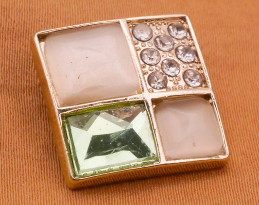 Square Patchwork Seafoam Mint Rhinestone Metal Button 17mm