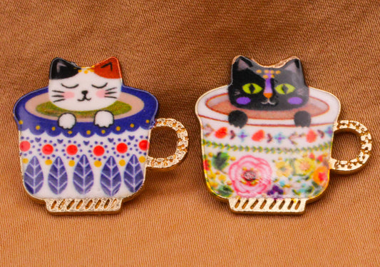 Cat Kitty Tea Cup Colorful Metal Button Various 21x23mm