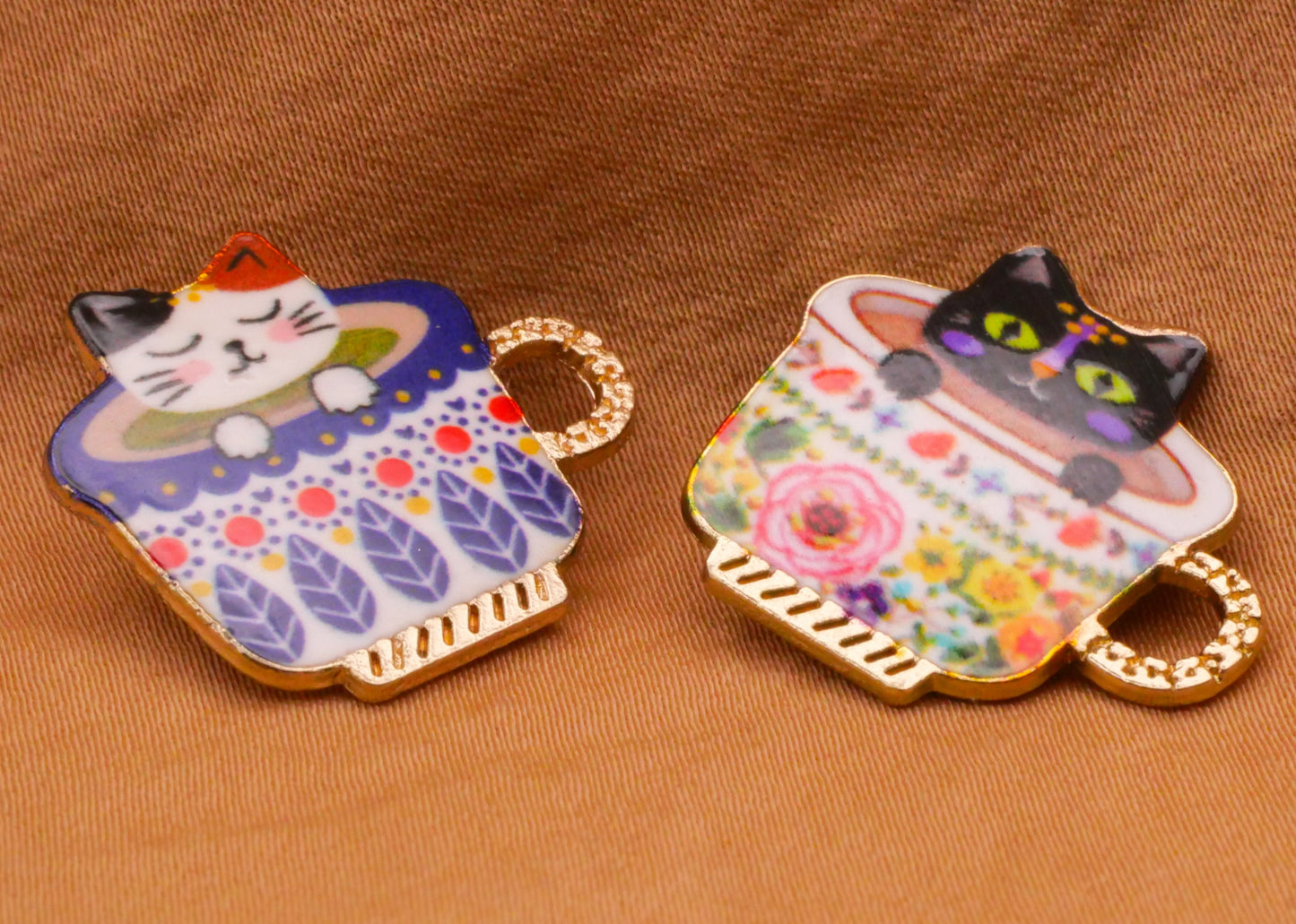 Cat Kitty Tea Cup Colorful Metal Button Various 21x23mm