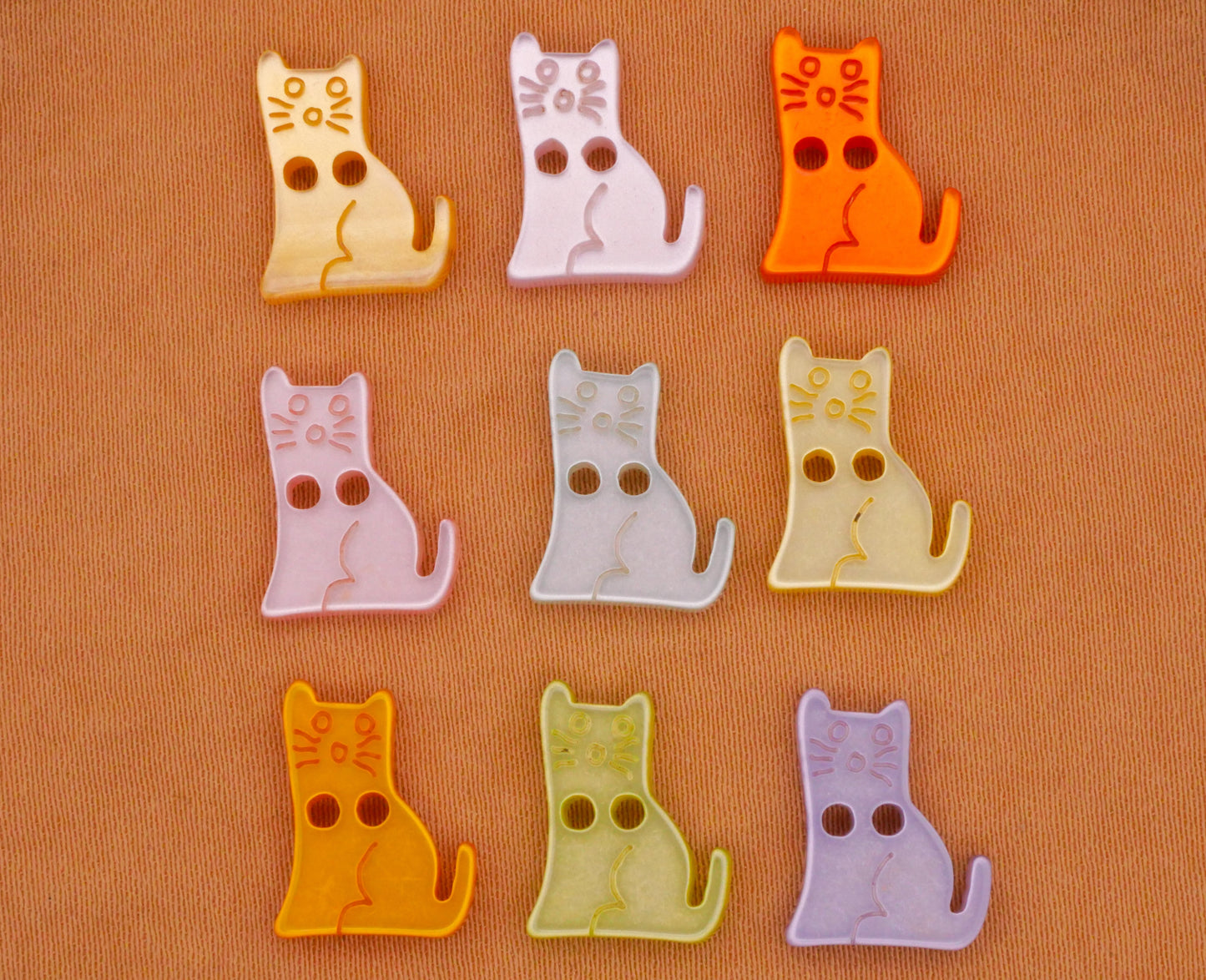 Cat Kitty Colorful Pearlized Plastic Set of Nine Buttons 10x13mm