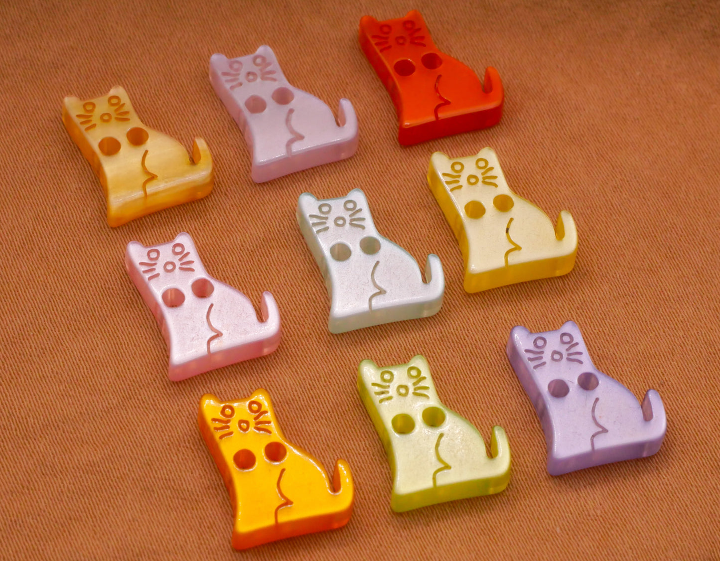 Cat Kitty Colorful Pearlized Plastic Set of Nine Buttons 10x13mm