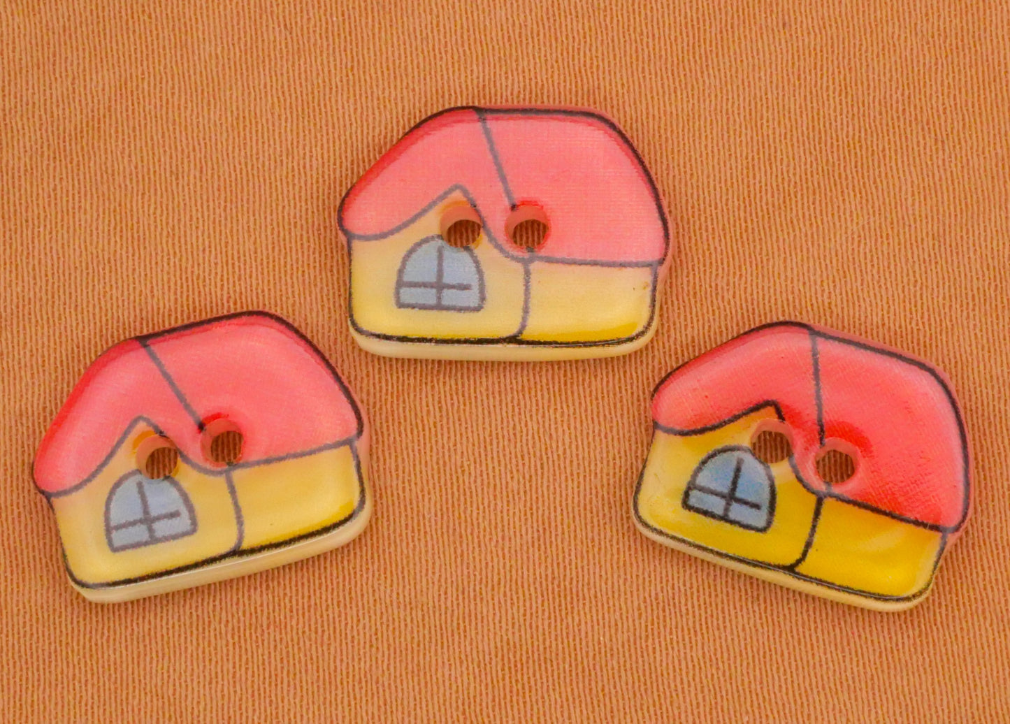 House Home Cottage Red Yellow Plastic Set of Three Buttons 11x15mm
