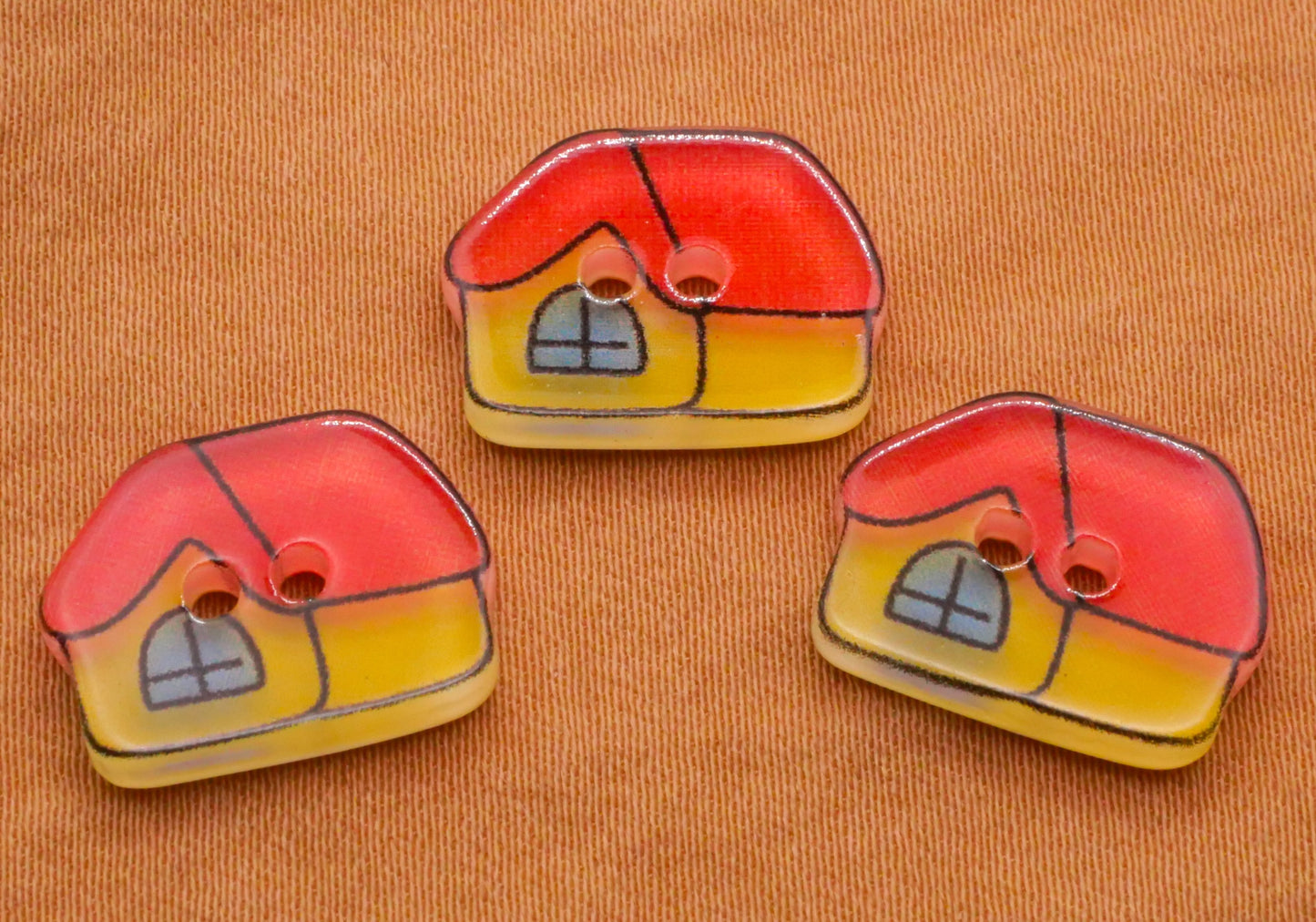 House Home Cottage Red Yellow Plastic Set of Three Buttons 11x15mm