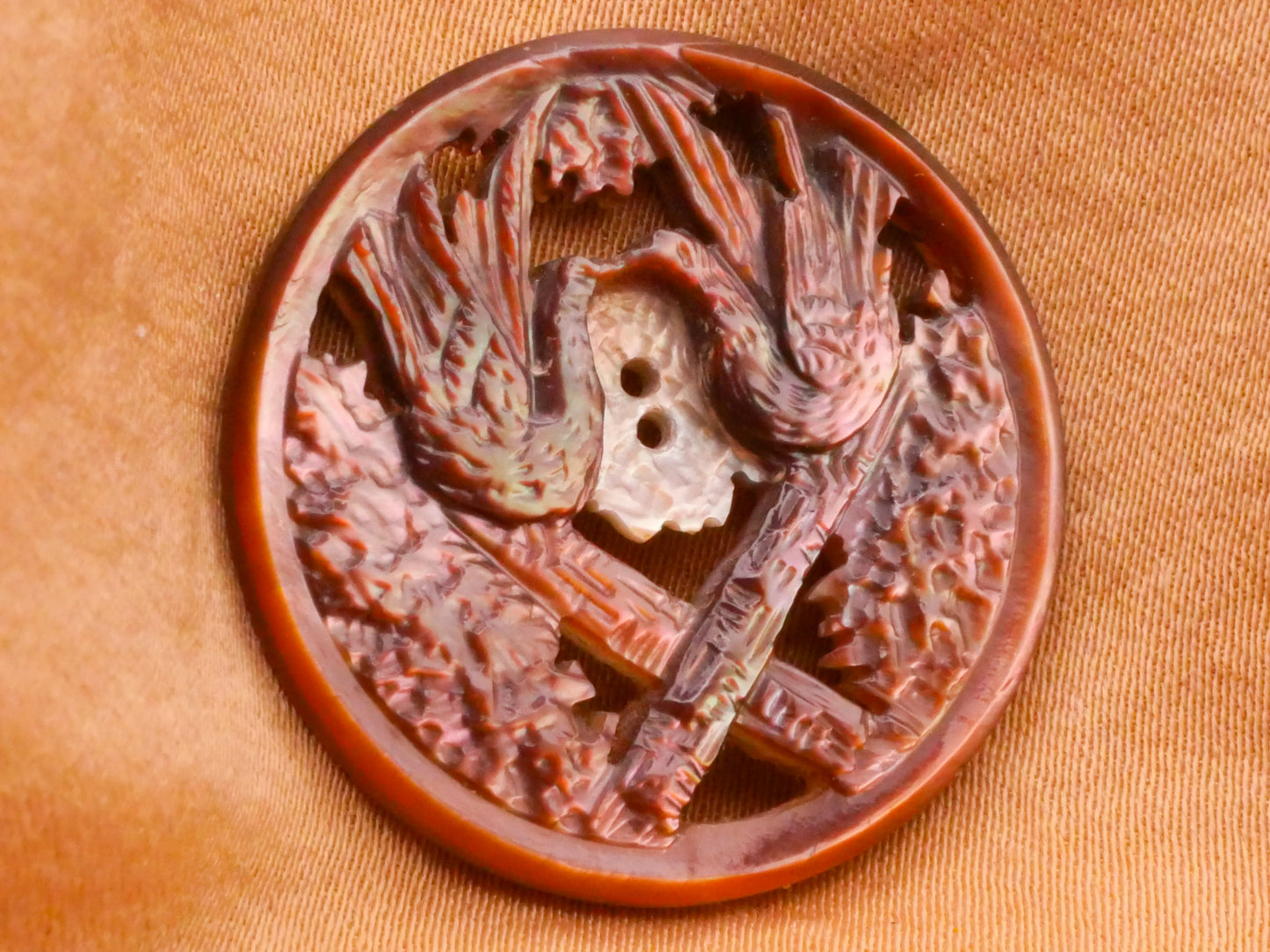 Bird Friends Lovebirds Branches Carved Smoky Mother of Pearl Button 27mm