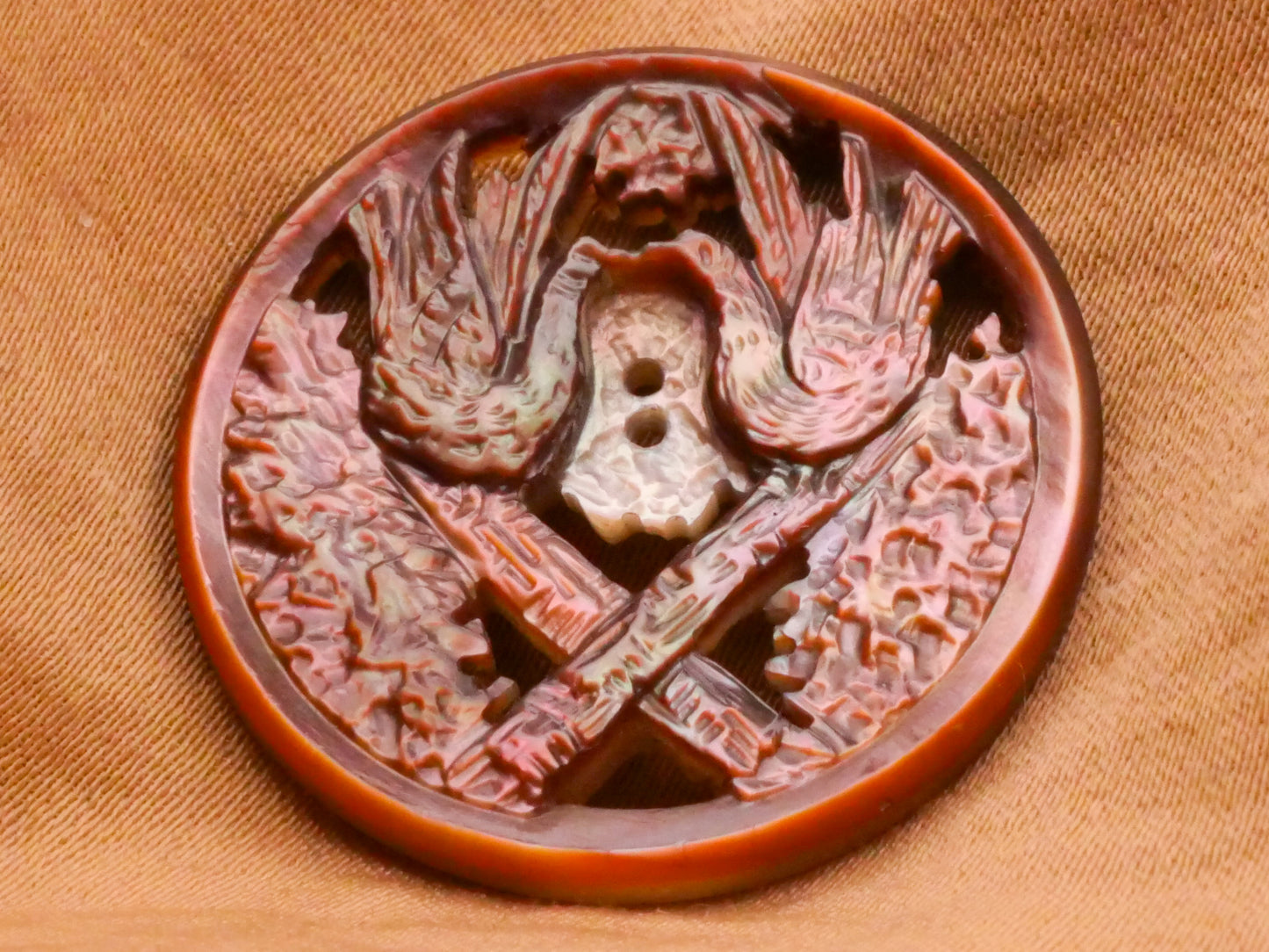 Bird Friends Lovebirds Branches Carved Smoky Mother of Pearl Button 27mm