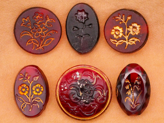 Flower Floral Design Antique Cranberry Red Glass Button Various 12-19mm