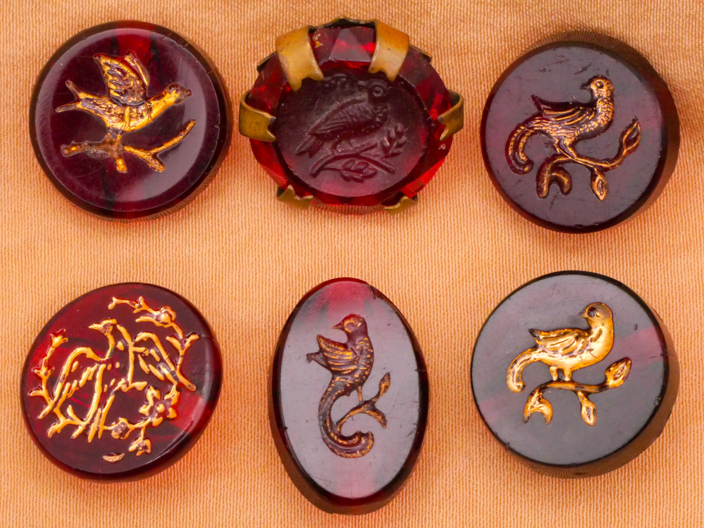 Bird Cranberry Glass Gold Antique Button Various 13-18mm