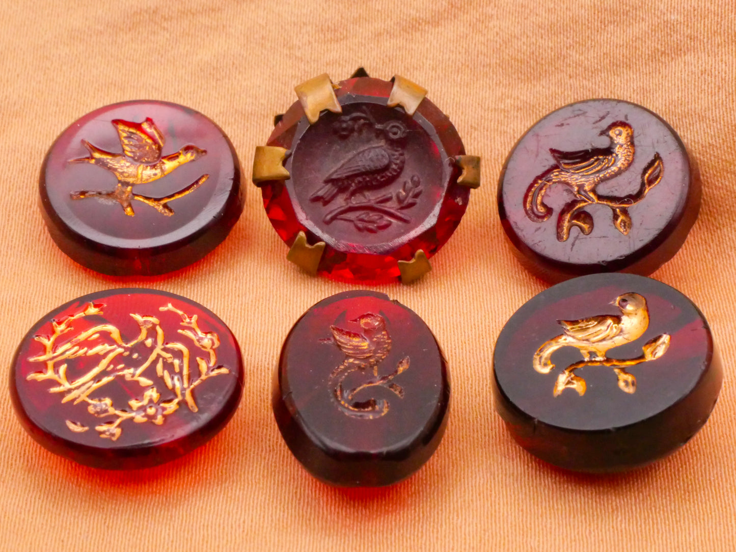Bird Cranberry Glass Gold Antique Button Various 13-18mm