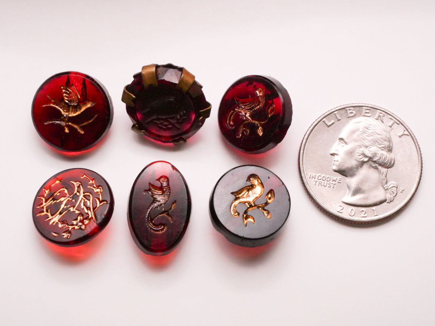 Bird Cranberry Glass Gold Antique Button Various 13-18mm