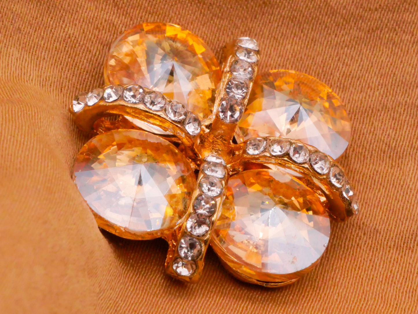 Clover Shape Champagne Rhinestone Glass Metal Button 26mm