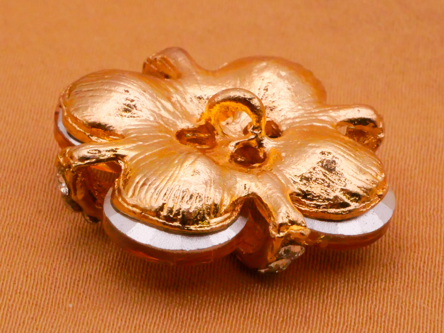 Clover Shape Champagne Rhinestone Glass Metal Button 26mm