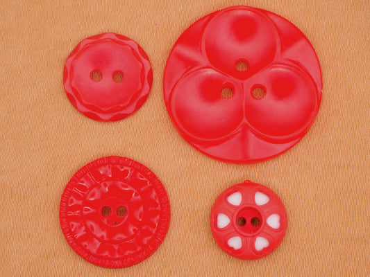 Red Housecoat Ruffle Clover or Hearts Vintage Plastic Button Various 13-27mm