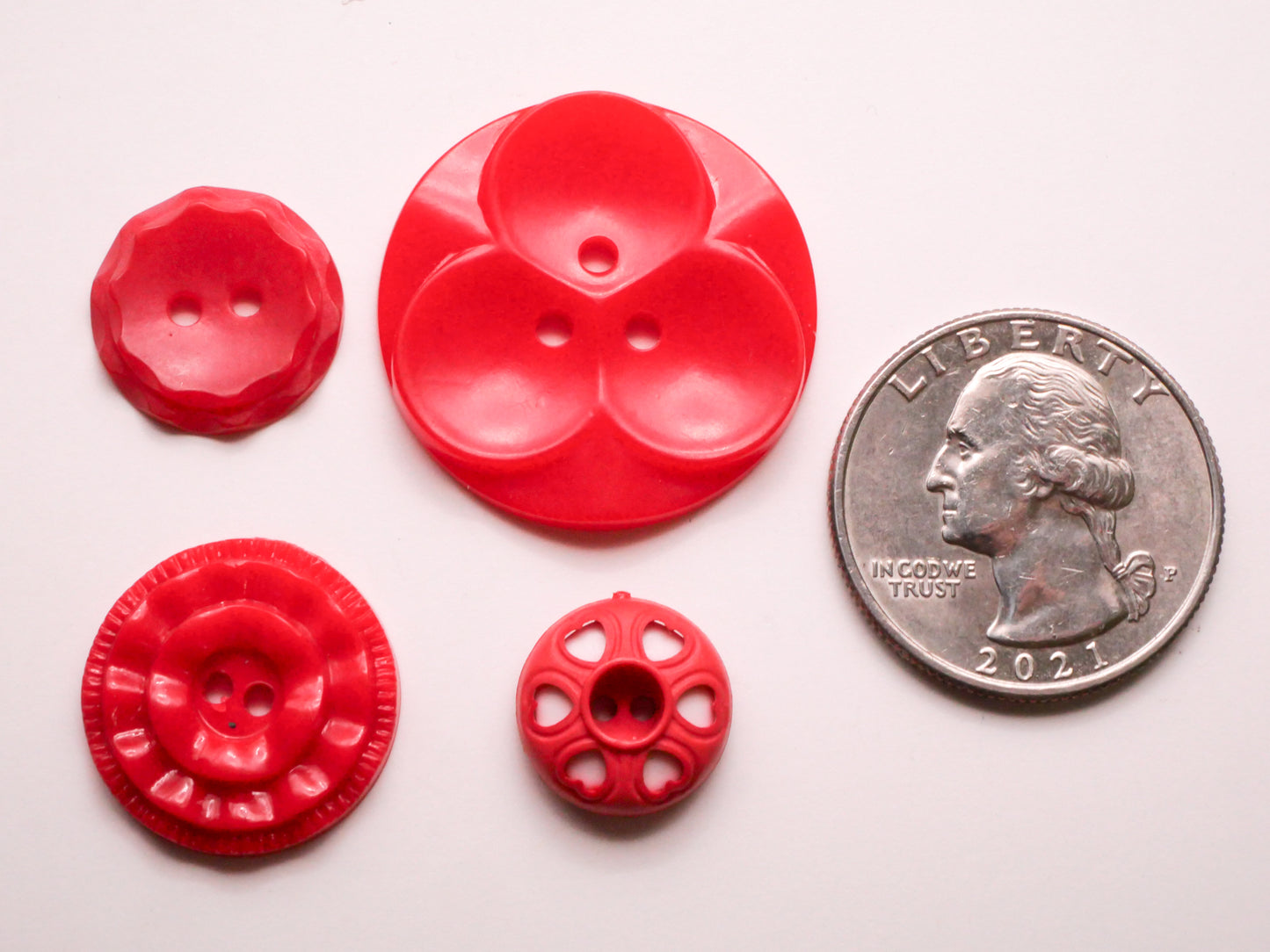 Red Housecoat Ruffle Clover or Hearts Vintage Plastic Button Various 13-27mm