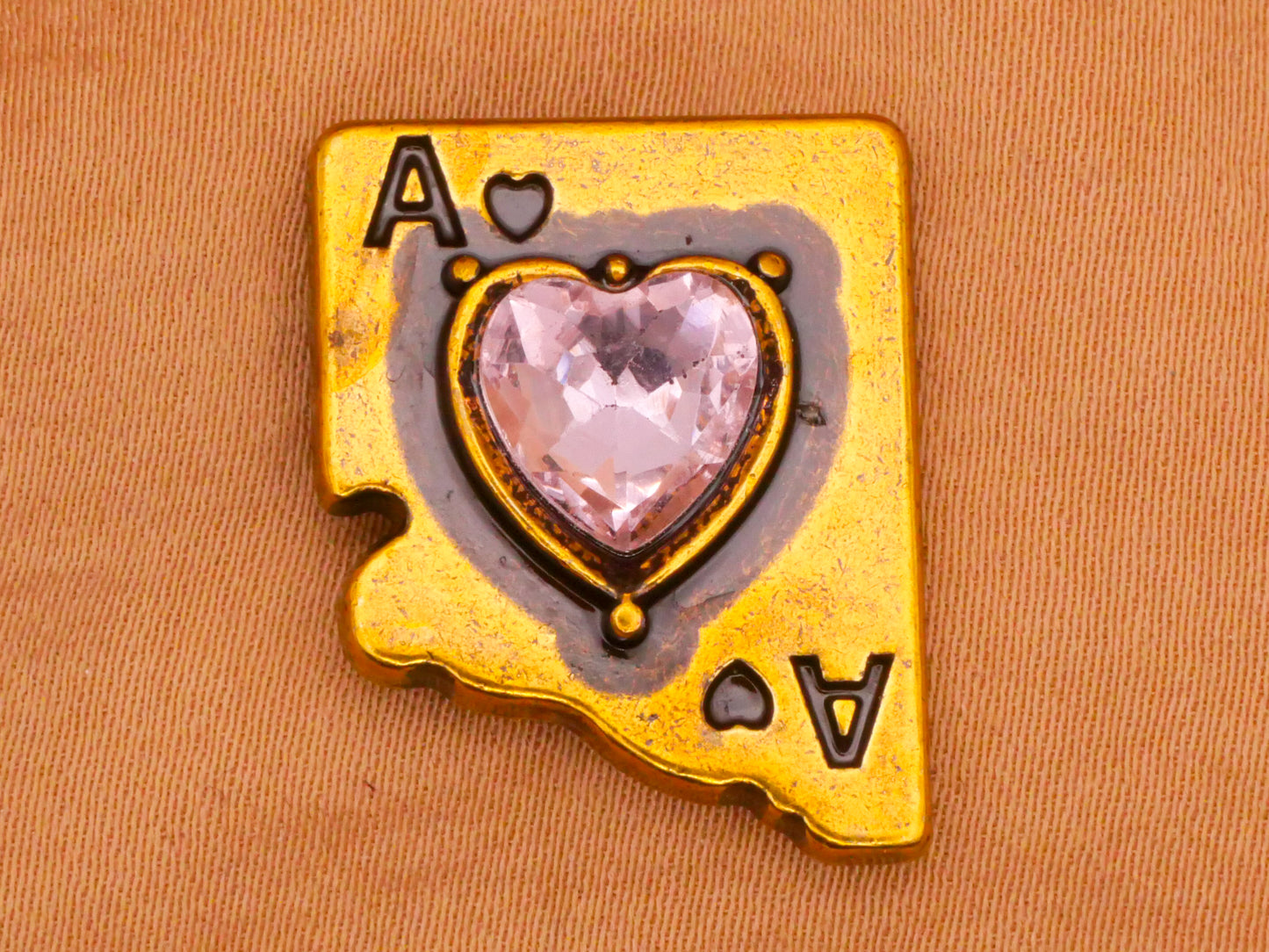 Ace Hearts Card Suit Pink Rhinestone Metal Button 18x23mm