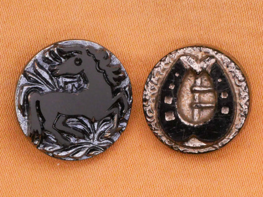 Horse or Horseshoe Luster Black Glass Button Various 16-18mm