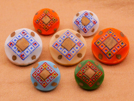Square Design Hand-Painted Vintage Glass Button Various 10-13mm