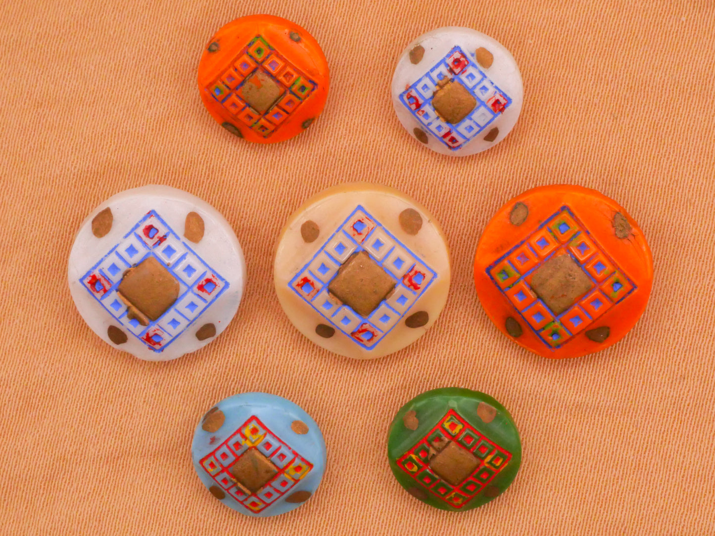 Square Design Hand-Painted Vintage Glass Button Various 10-13mm