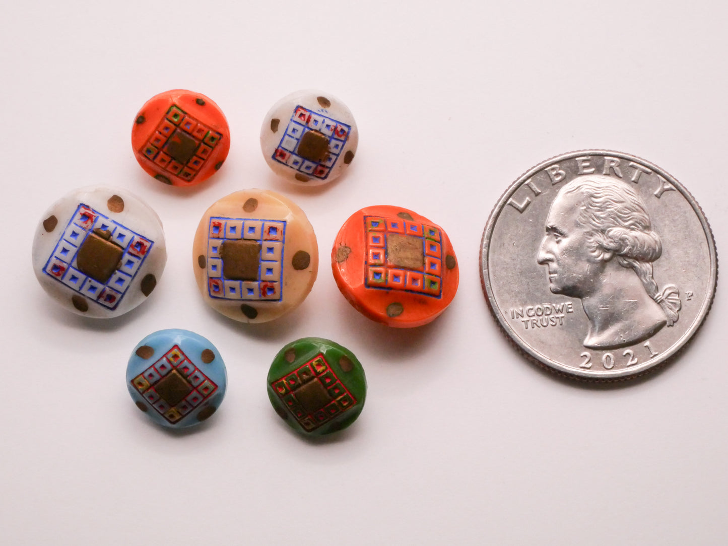 Square Design Hand-Painted Vintage Glass Button Various 10-13mm
