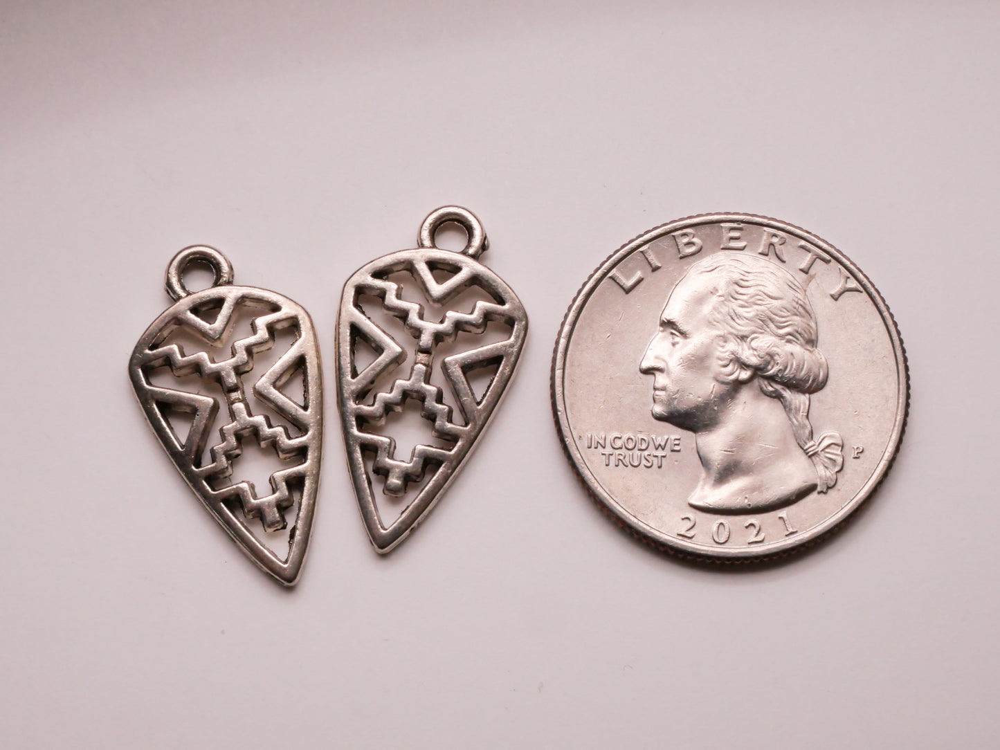 Arrowhead Tribal Design Silver Metal Pair of Charms Embellishments 13x25mm