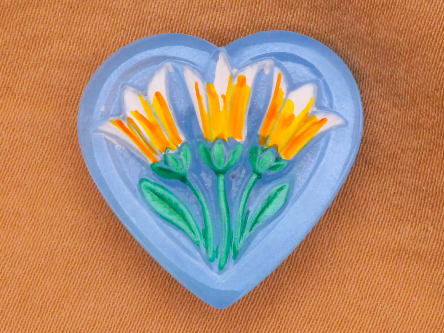 Trio Yellow Flower Blue Heart Vintage Glass Button 22mm