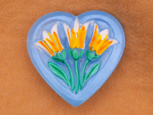 Trio Yellow Flower Blue Heart Vintage Glass Button 22mm