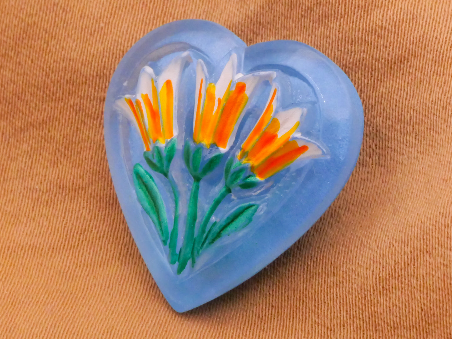 Trio Yellow Flower Blue Heart Vintage Glass Button 22mm