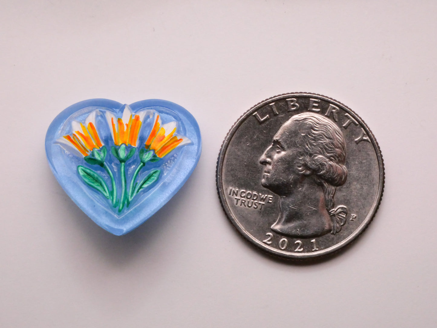Trio Yellow Flower Blue Heart Vintage Glass Button 22mm