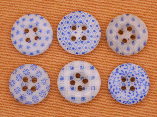 Blue Calico Pattern Glass China Button Various 11-12mm