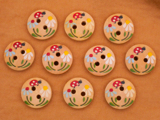Ladybug Ladybird Flower Wood Set of Ten Buttons 15mm
