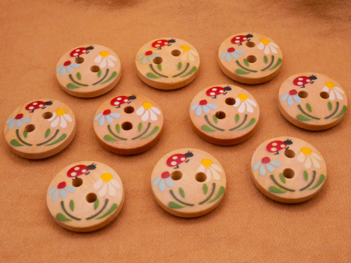 Ladybug Ladybird Flower Wood Set of Ten Buttons 15mm