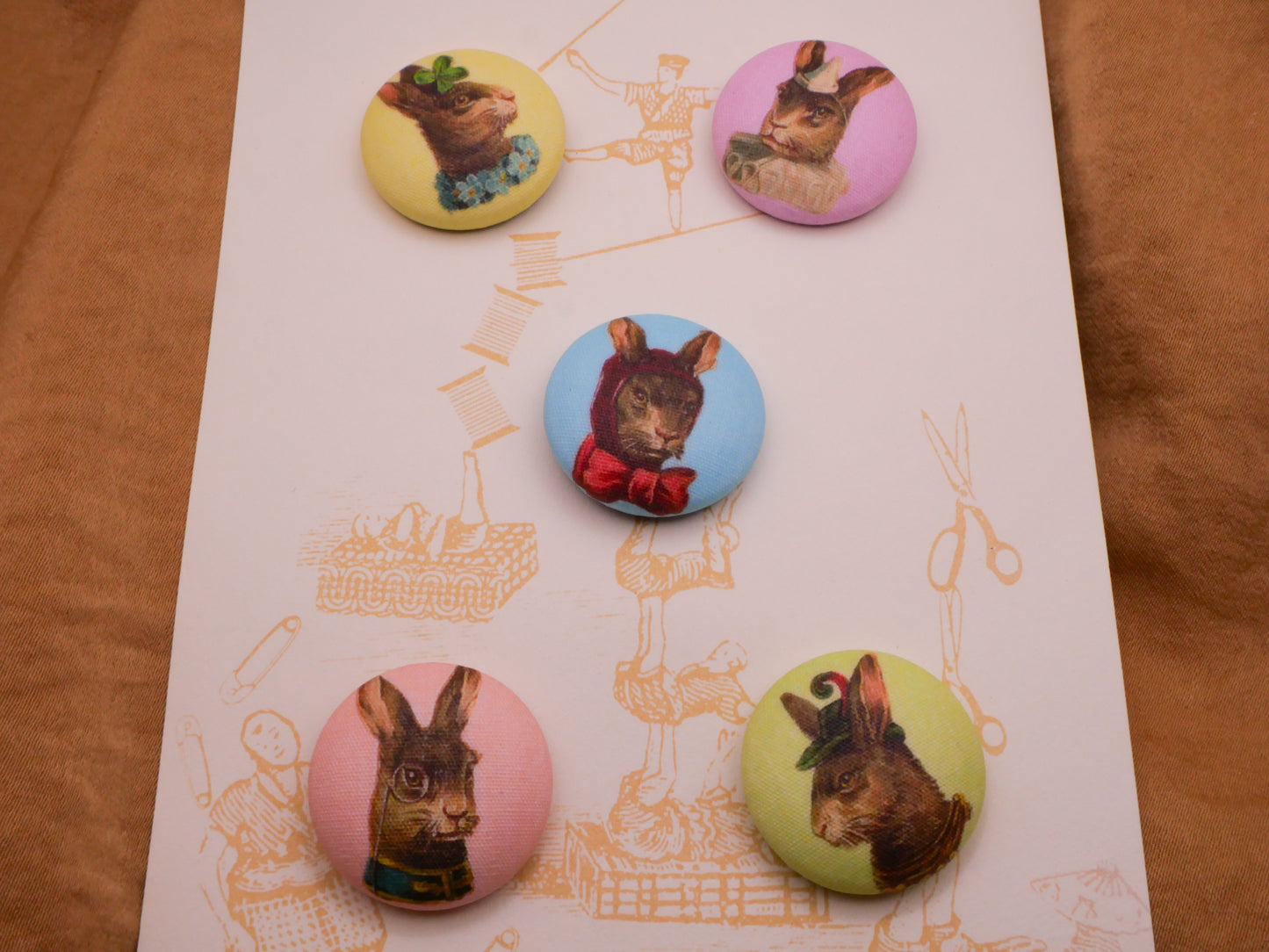 Bunny Rabbit Anthropomorphic Lilac Bow Yoke Fabric Covered Button Various 23mm