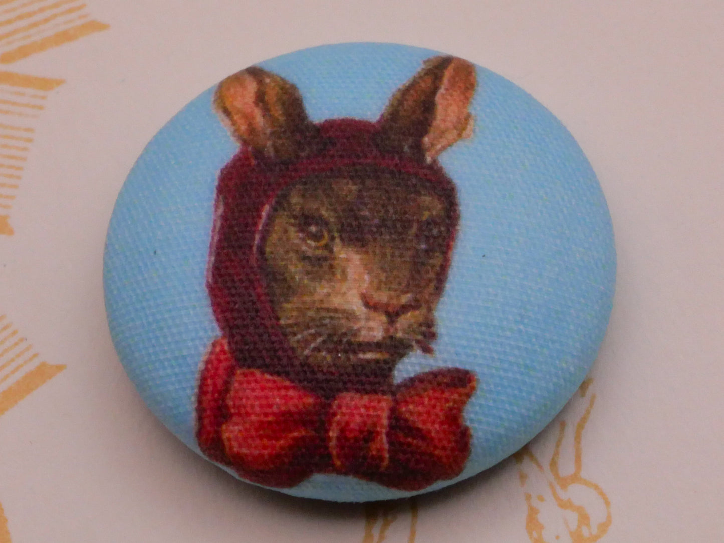 Bunny Rabbit Anthropomorphic Lilac Bow Yoke Fabric Covered Button Various 23mm