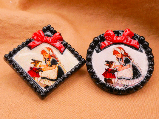 Girl and Bunny Rabbit Black Red Large Plastic Button Various 32-37mm