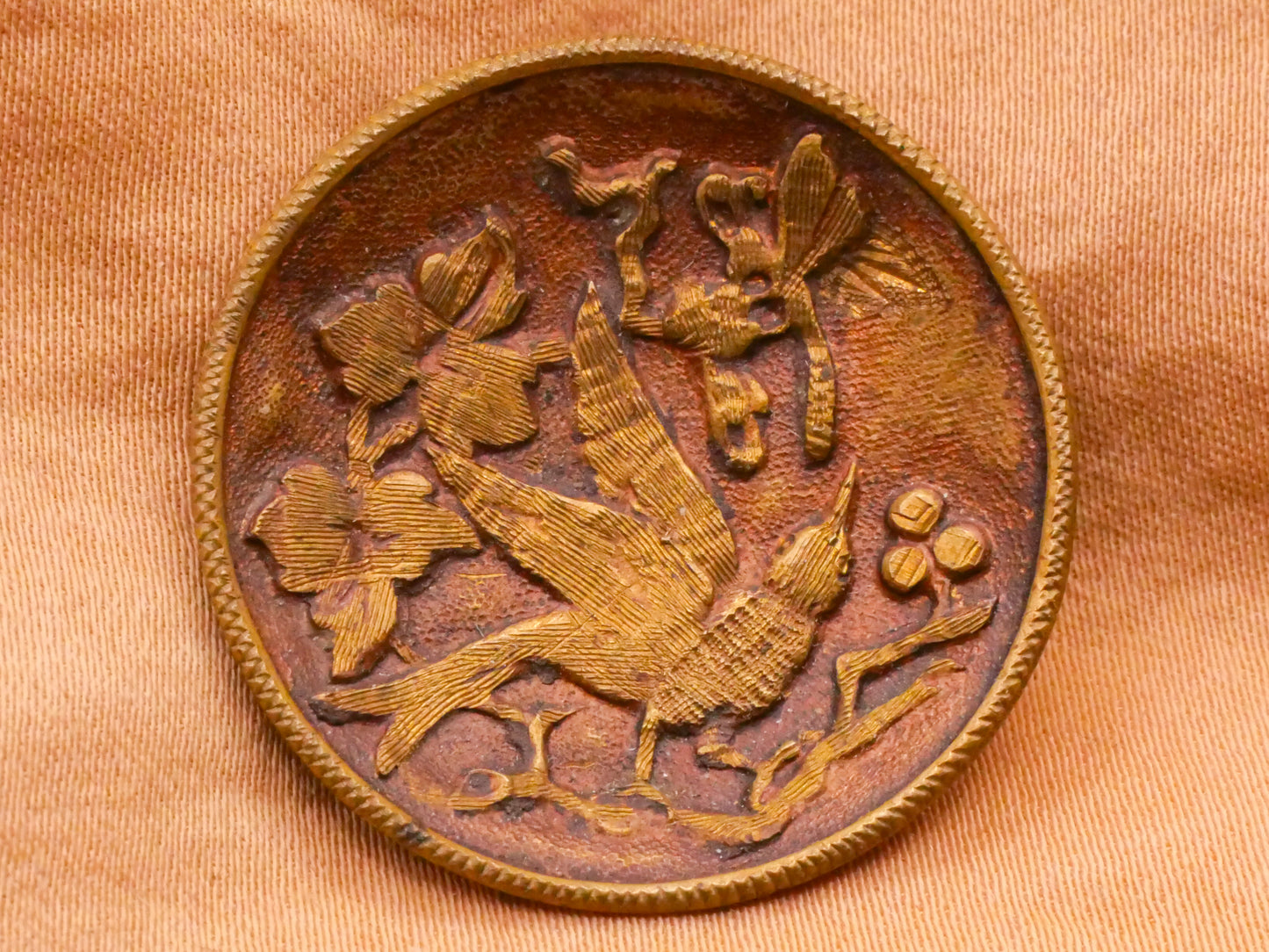 Bird Dragonfly Tinted Brass Metal Button 29mm